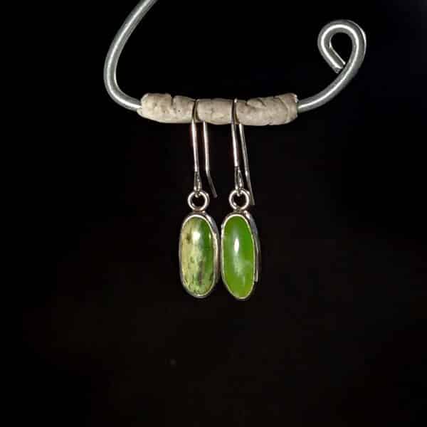 Earrings, mau taringa, marsden flower jade, apple green, jade, pounamu, taonga, sterling silver (2)