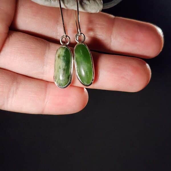 Earrings, mau taringa, marsden flower jade, apple green, jade, pounamu, taonga, sterling silver (3) Earrings, mau taringa, marsden flower jade, apple green, jade, pounamu, taonga, sterling silver (3)