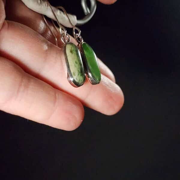 Earrings, mau taringa, marsden flower jade, apple green, jade, pounamu, taonga, sterling silver (4) Earrings, mau taringa, marsden flower jade, apple green, jade, pounamu, taonga, sterling silver (4)