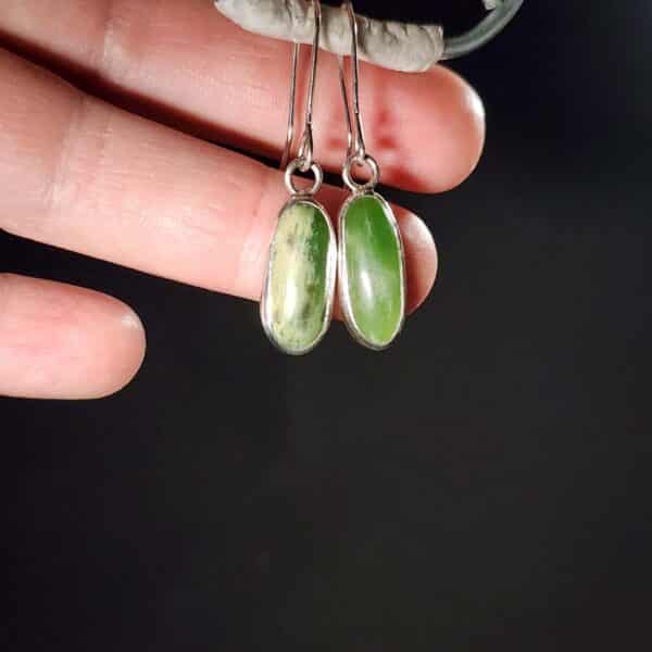 Earrings, mau taringa, marsden flower jade, apple green, jade, pounamu, taonga, sterling silver (6) Earrings, mau taringa, marsden flower jade, apple green, jade, pounamu, taonga, sterling silver (6)
