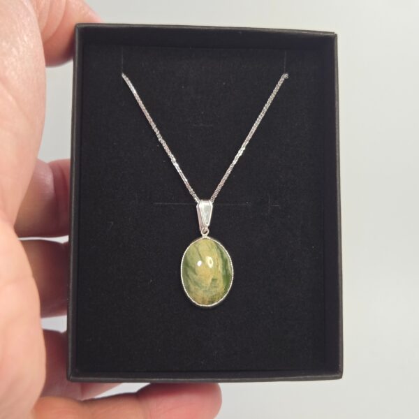 Pendant, silver, pounamu, flower jade, taonga. (1) Pendant, silver, pounamu, flower jade, taonga. (1)